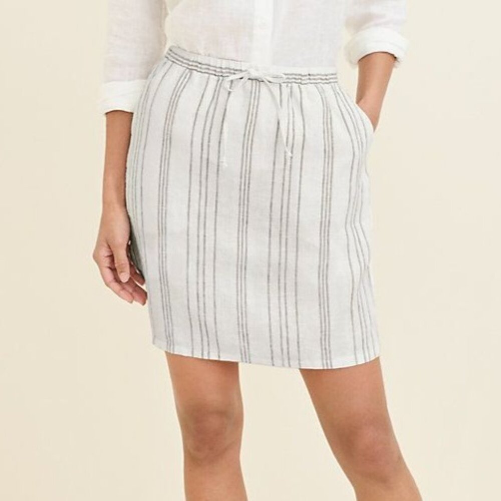 Garnet Hill Womens Striped Linen Skirt Gray & White Elastic Waist Pockets Medium